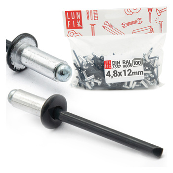Nýt trhací 4,8x12mm hliník/ocel se zapuštěnou hlavou 100ks černý RAL9005