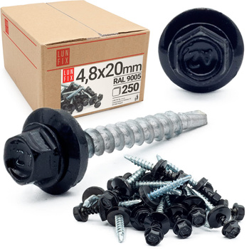 Samořezný vrut do plechu 4,8x20 černý RAL 9005 250ks.