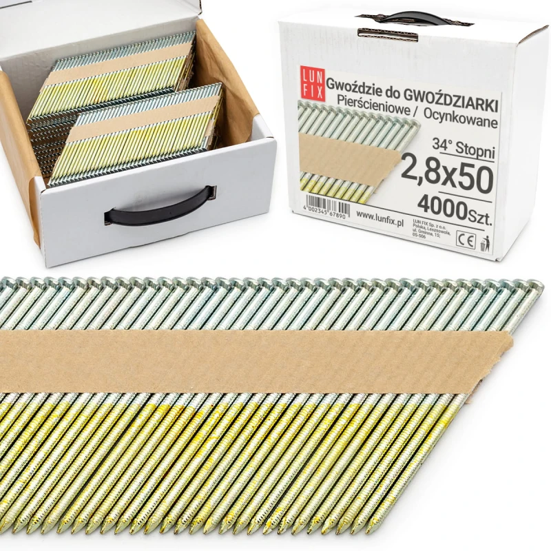 Gwoździe do gwoździarki 50mm 2,8x50 2 cale pierścieniowe na papierze ocynkowane 4000szt.