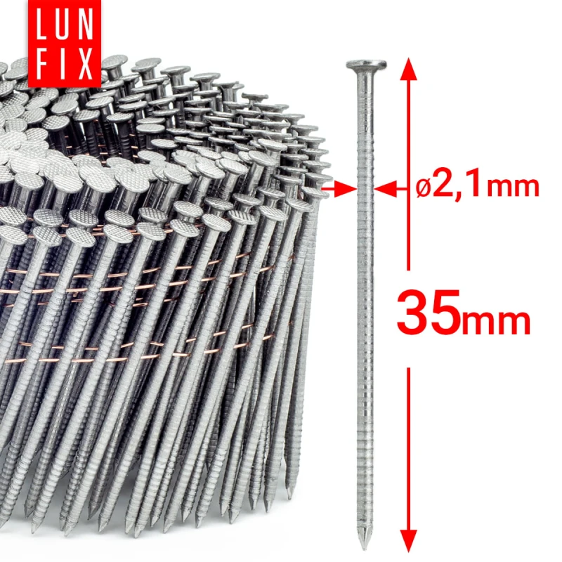 Hřebíky do bubnové hřebíkovačky 35mm 2,1x35 hřebíky kroužkové na drátu 14400ks.