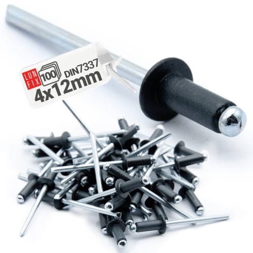 Nýt trhací 4x12mm hliník/ocel se zapuštěnou hlavou 100ks černý RAL9005
