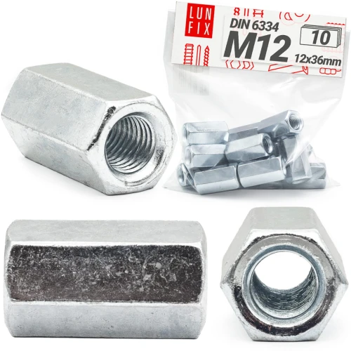Prodlužovací matice M12x36 DIN 6334 šestihranné pozinkované 10 ks.