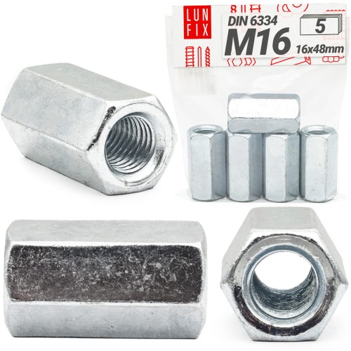 Prodlužovací matice M16x48 DIN 6334 šestihranné pozinkované 5 ks.