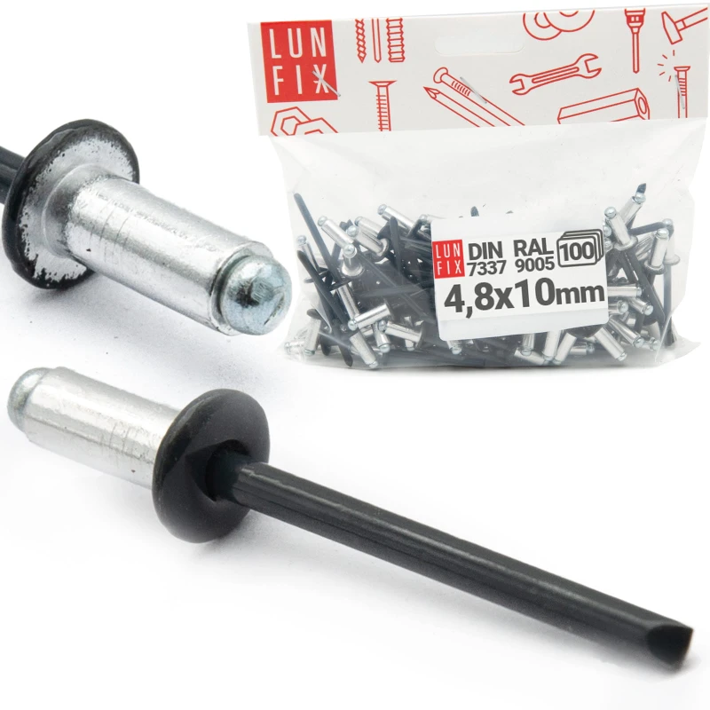 Nýt trhací 4,8x10mm hliník/ocel se zapuštěnou hlavou 100ks černý RAL9005