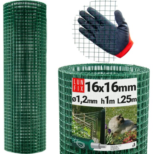 Poplastované čtyřhranné zelené pletivo oko 16x16 fi1,2mm h1m role 25m