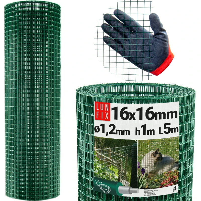 Poplastované čtyřhranné zelené pletivo oko 16x16 fi1,2mm h1m role 5m