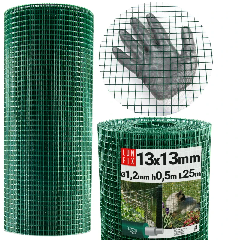 Poplastované čtyřhranné zelené pletivo oko 13x13 fi1,2mm h0,5m role 25m