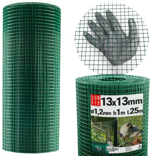 Poplastované čtyřhranné zelené pletivo oko 13x13 fi1,2mm h1m role 25m