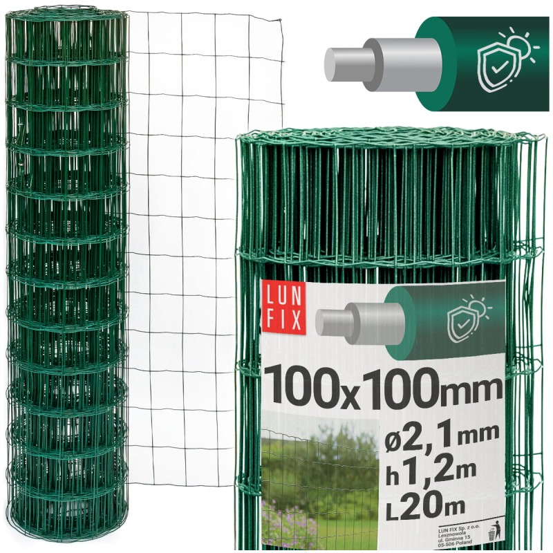 Siatka ogrodzeniowa zielona 120cm oczko 100x100 fi 2,1mm zgrzewana ocynkowana powlekana PCV 20mb
