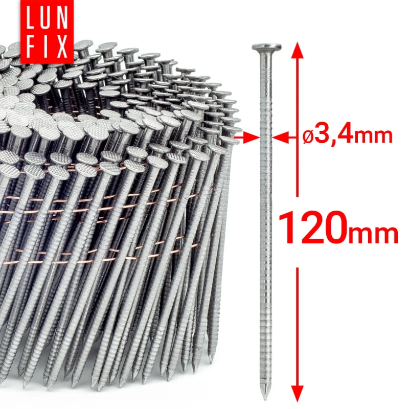 Hřebíky do bubnové hřebíkovačky 120mm 3,4x120 hřebíky kroužkové na drátu 1800ks.