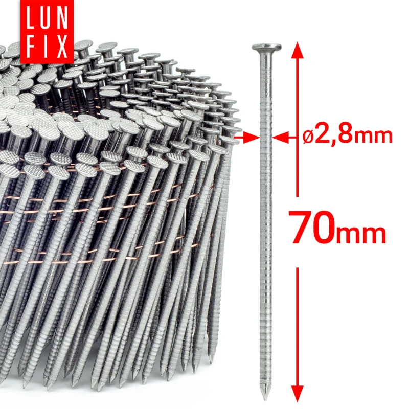Hřebíky do bubnové hřebíkovačky 70mm 2,8x70 hřebíky kroužkové na drátu 6000ks.
