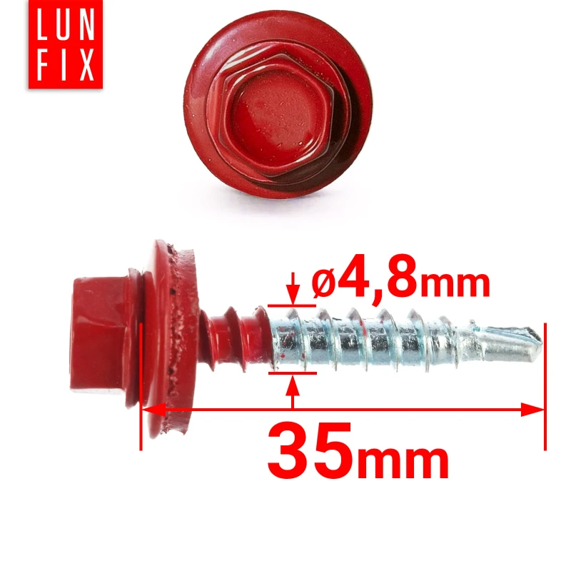 Samořezný vrut do plechu 4,8x35 červený RAL 3011 250ks.