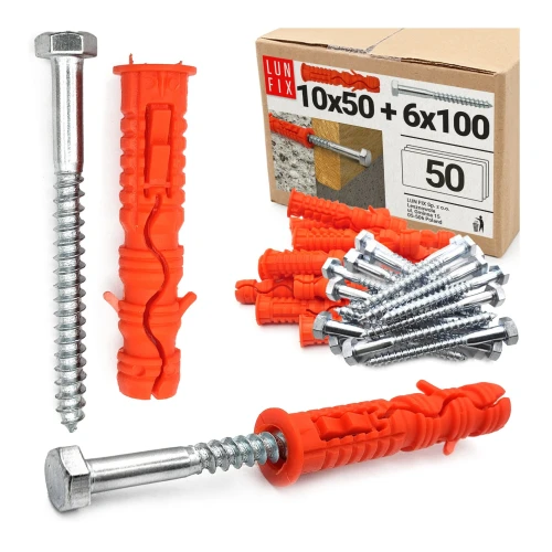 Hmoždinky rozpěrné 10x50 mm se šestihranným šroubem 6x100 mm 50ks.