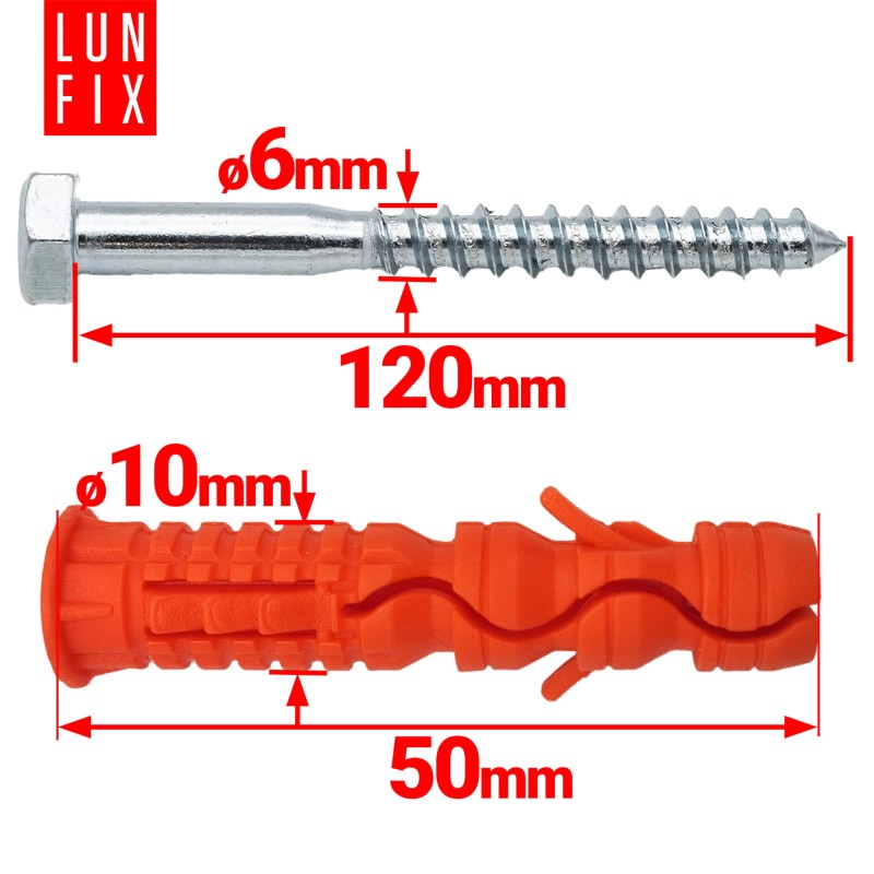 Kołki rozporowe 10x50 mm z wkrętem z łbem sześciokątnym 6x120 mm 50szt.