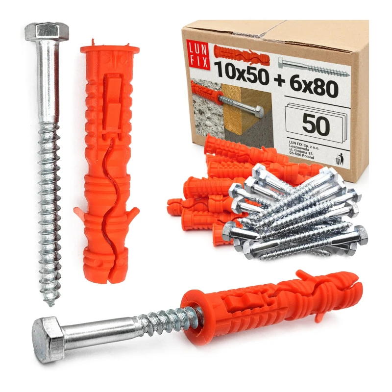 Kołki rozporowe 10x50 mm z wkrętem z łbem sześciokątnym 6x80 mm 50szt.