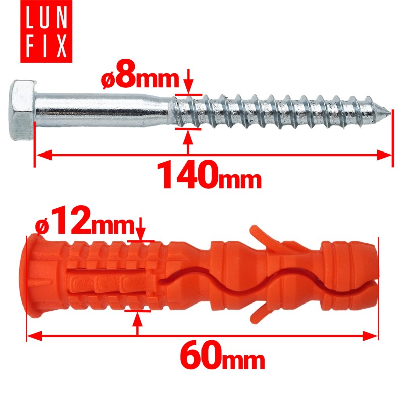 Kołki rozporowe 12x60 mm z wkrętem z łbem sześciokątnym 8x140 mm 50szt.