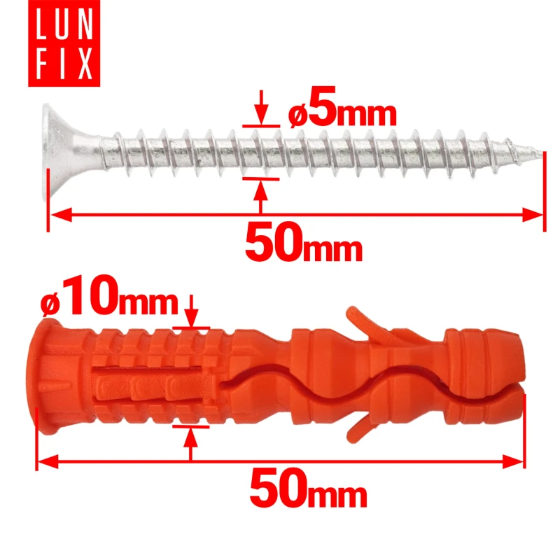 Rozpěrné hmoždinky 10x50 mm se zápustným šroubem 5x50 mm, 100 ks.