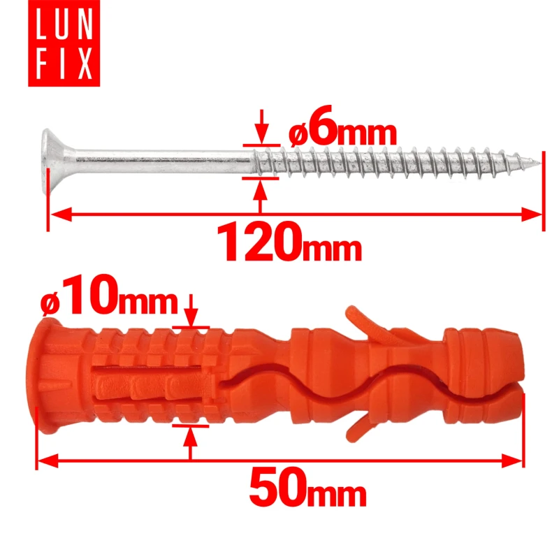 Hmoždinky rozpěrné 10x50 mm se šroubem se zapustnou hlavou 6x120 mm 100ks.