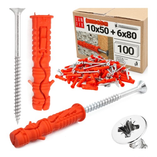 Hmoždinky rozpěrné 10x50 mm se šroubem se zapustnou hlavou 6x80 mm 100ks.
