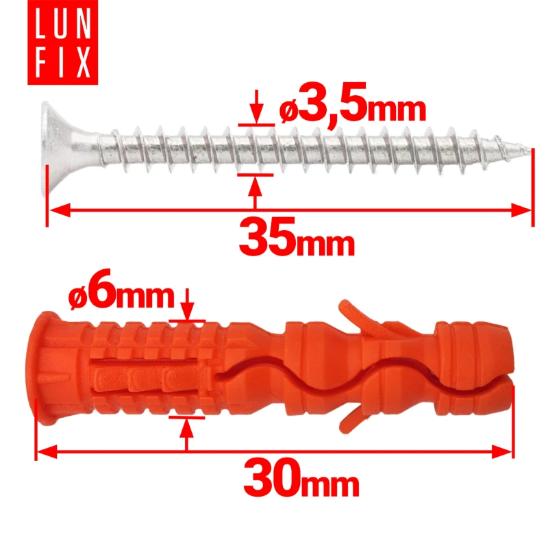 Hmoždinky rozpěrné 6x30 mm se šroubem se zapustnou hlavou 3,5x35 mm 200ks.