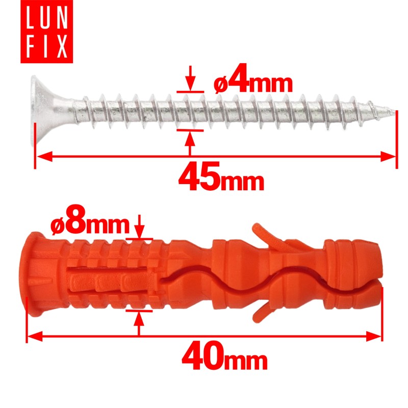 Kołki rozporowe 8x40 mm z wkrętem z łbem stożkowym 4x45 mm 100szt.