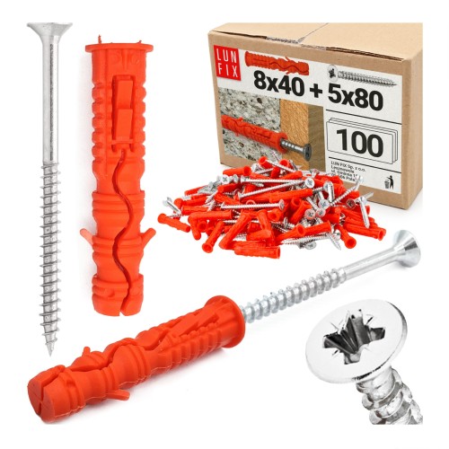 Hmoždinky rozpěrné 8x40 mm se šroubem se zapustnou hlavou 5x80 mm 100ks.