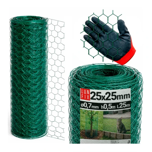 Zelené, pozinkované kovové šestihranné pletivo, oko 25x25 mm, drát Ø0,7 mm, výška 0,5 m, role 25 m – chovatelské, na voliéry a ochranu proti ptákům