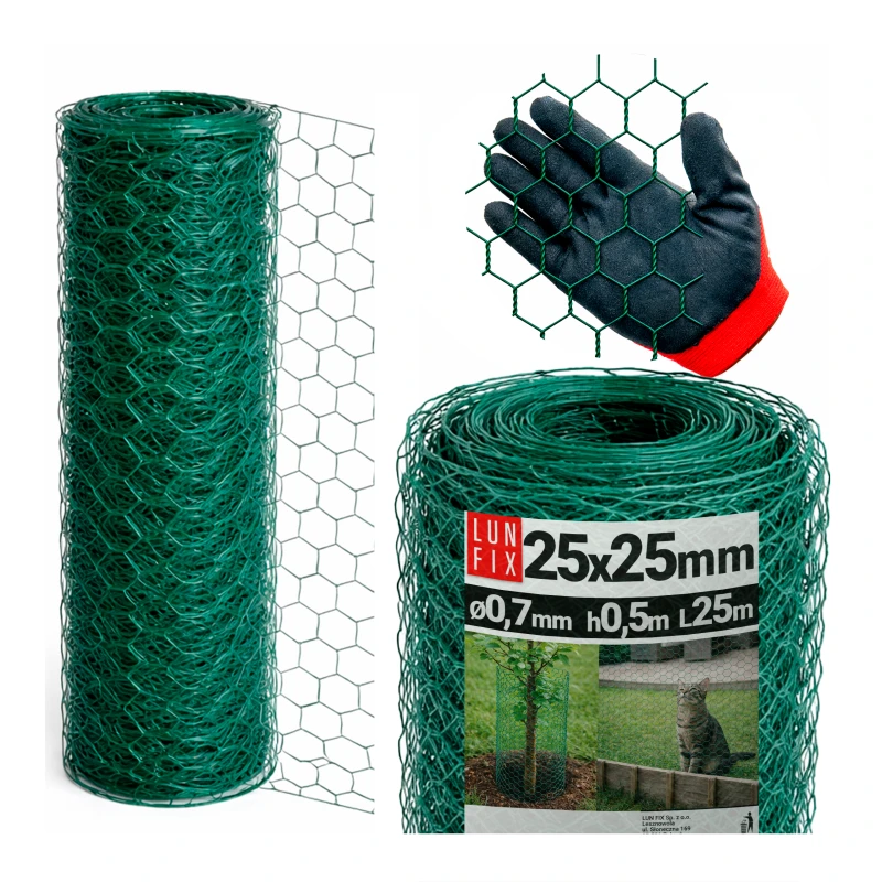 Siatka heksagonalna metalowa 25x25 mm, gr. 0,7 mm, zielona ocynkowana h0,5 25 mb – hodowlana, na woliery, dla kota na balkon, przeciw ptakom