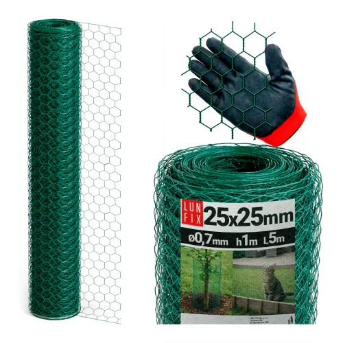 Zelené, pozinkované kovové šestihranné pletivo, oko 25x25 mm, drát Ø0,7 mm, výška 0,5 m, role 5 m – chovatelské, na voliéry a ochranu proti ptákům