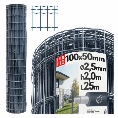 Antracitové svařované plotové pletivo s PVC povlakem, oko 100x50 mm, drát Ø2,5 mm, výška 2 m, role 25 m – premium