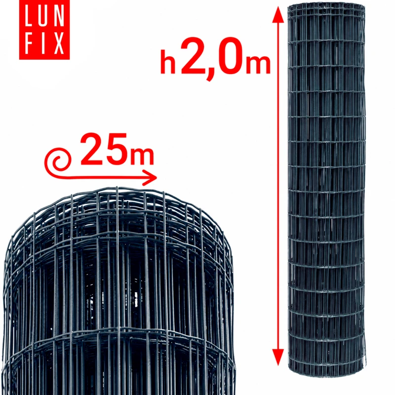 Antracitové svařované plotové pletivo s PVC povlakem, oko 100x50 mm, drát Ø2,5 mm, výška 2 m, role 25 m – premium