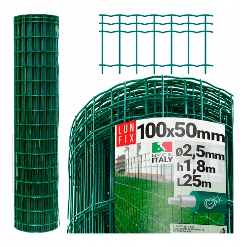 Zelené svařované plotové pletivo s PVC povlakem, oko 100x50 mm, drát Ø2,5 mm, výška 1,8 m, role 25 m – premium