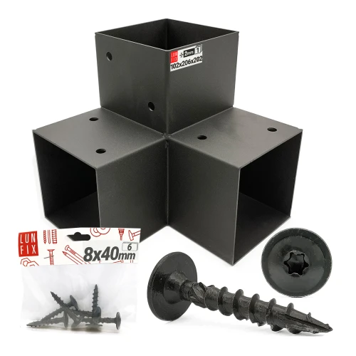 Černá spojka nosníku typu Y 100x100 mm s černými vruty 8x40 mm – montážní sada