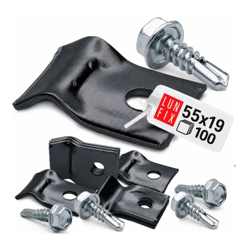 Černý plechový držák drátu a plotových panelů se samovrtným šroubem 5,5x19 mm, 100 ks.