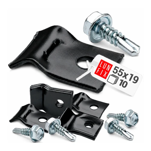 Černý plechový držák drátu a plotových panelů se samovrtným šroubem 5,5x19 mm, 10 ks.