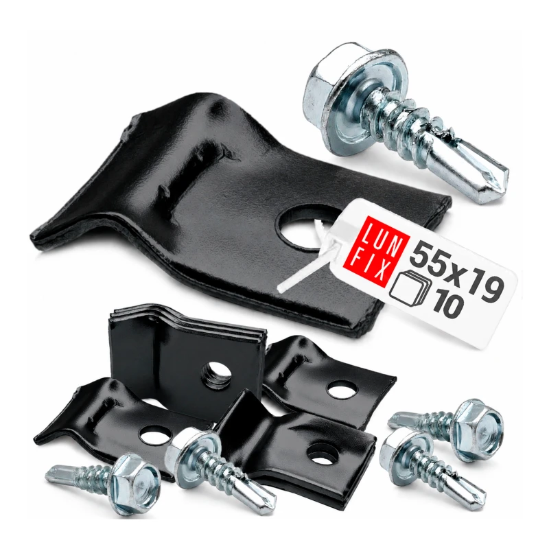 Černý plechový držák drátu a plotových panelů se samovrtným šroubem 5,5x19 mm, 10 ks.