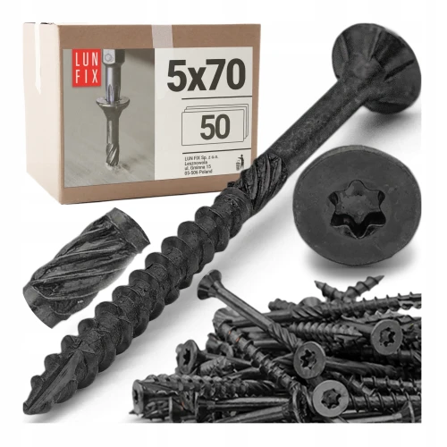 Černé tesařské vruty se zápustnou hlavou 5x70 mm do dřeva, 50 ks.