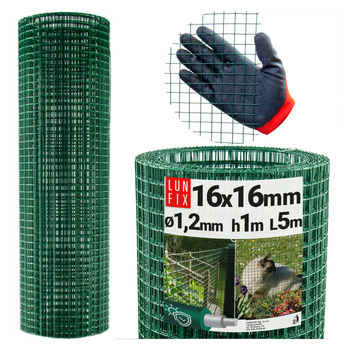 Poplastované čtyřhranné zelené pletivo oko 16x16 fi1,2mm h1m role 5m