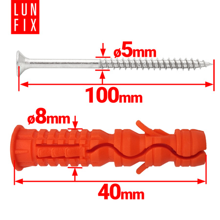 Hmoždinky rozpěrné 8x40 mm se šroubem se zapustnou hlavou 5x100 mm 100ks.
