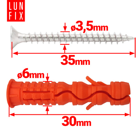 Hmoždinky rozpěrné 6x30 mm se šroubem se zapustnou hlavou 3,5x35 mm 200ks.
