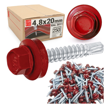 Samořezný vrut do plechu 4,8x20 červený RAL 3011 250ks.