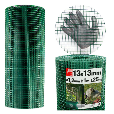 Poplastované čtyřhranné zelené pletivo oko 13x13 fi1,2mm h1m role 25m