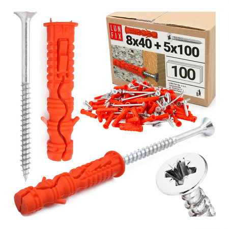 Hmoždinky rozpěrné 8x40 mm se šroubem se zapustnou hlavou 5x100 mm 100ks.