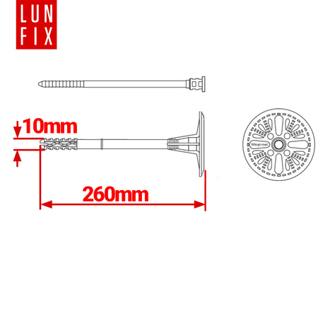 Talířová hmoždinka 260 mm s plastovým trnem 100ks.