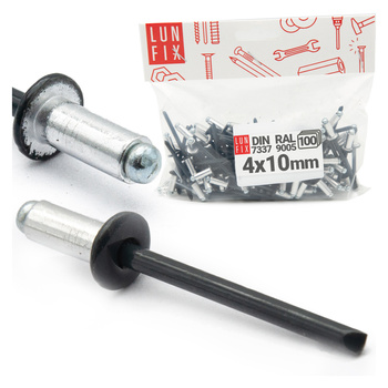 Nýt trhací 4x10mm hliník/ocel se zapuštěnou hlavou 100ks černý RAL9005