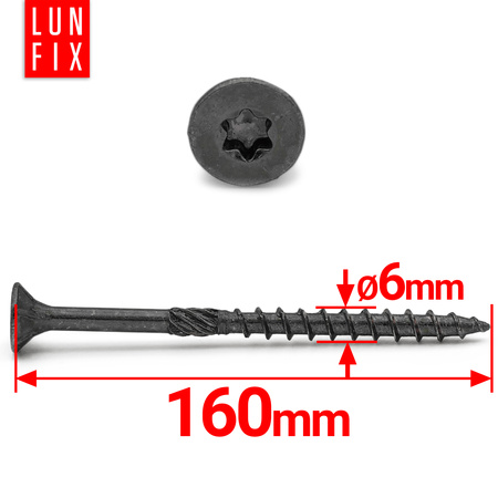 Tesařské černé šrouby 6x160 se zapustnou hlavou pozinkované 20ks