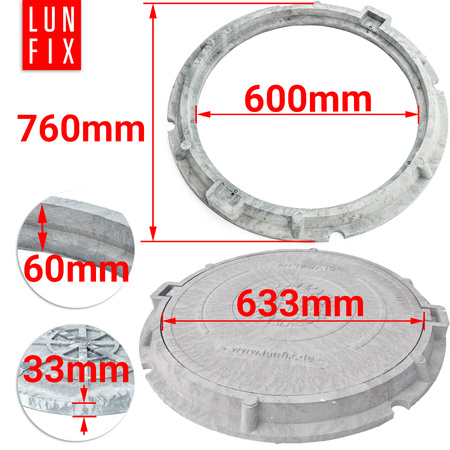 Poklop šachty,víko, DN 600 mm, 60 cm, šedý A15 1,5 t