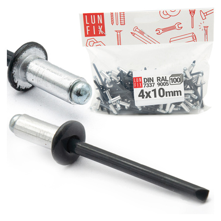 Nýt trhací 4x10mm hliník/ocel se zapuštěnou hlavou 100ks černý RAL9005