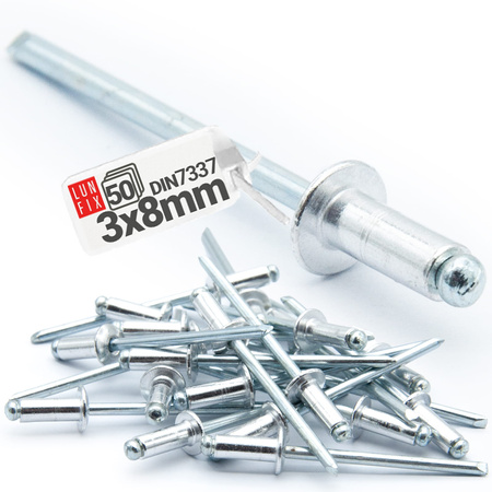 Nýt trhací 3x8mm hliník/ocel se zapuštěnou hlavou 50ks