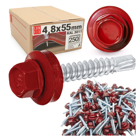 Samořezný vrut do plechu 4,8x55 červený RAL 3011 250ks.